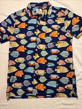 Men's Navy Tropical Fish Print Short Sleeve Button-Down Shirt